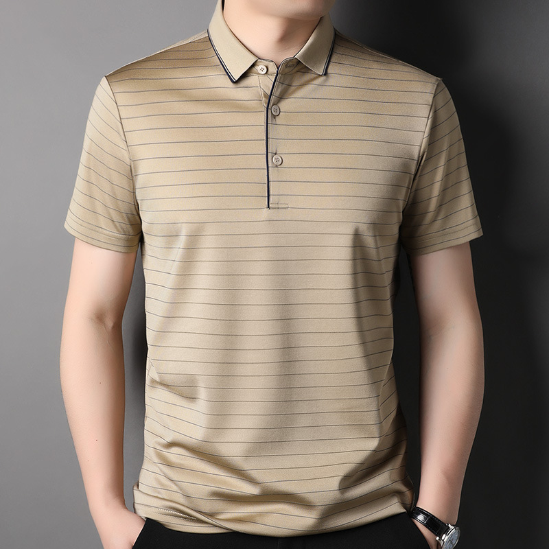 Moda holgada manga corta camiseta verano nuevo cuello de solapa versión coreana manga guapo rayas hombre top details Picture
