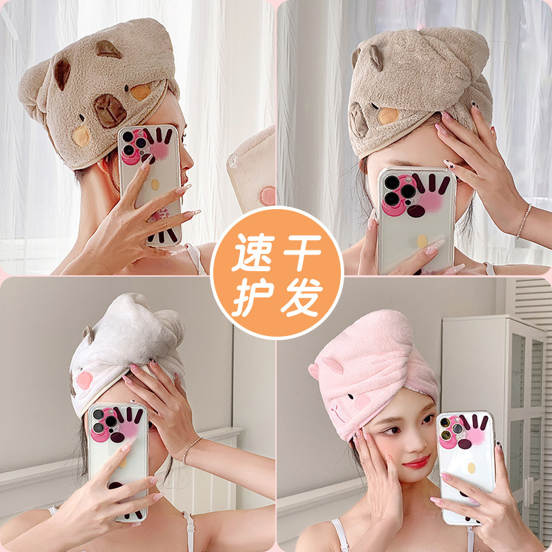 Capibara Capybara Coral Velvet Triangular dry hair cap, Absorbent quick-drying thickened dry hair towel, makeup removal and postpartum headscarf details Picture