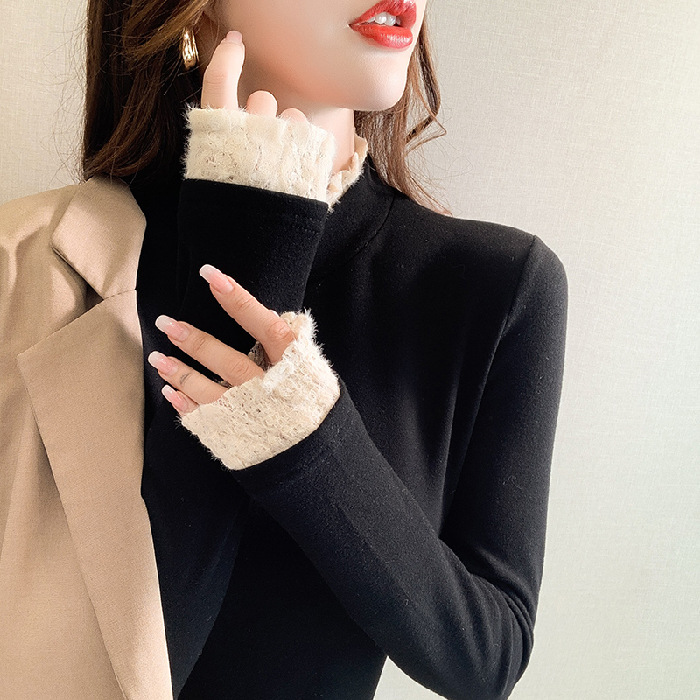 Lace semi-high neck fleece base layer shirt for women, versatile for autumn and winter 2022 new style fleece long-sleeved stylish inner layer top Specification image