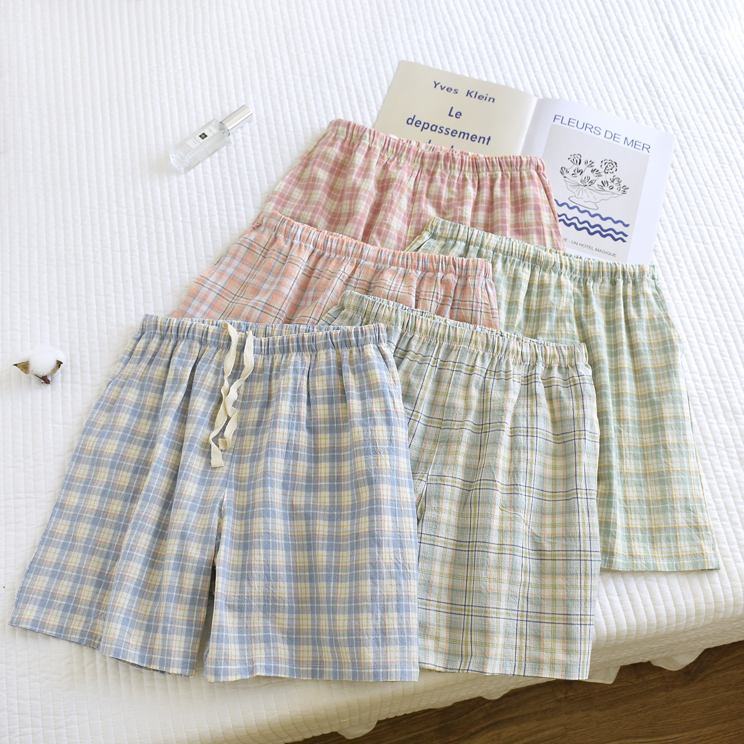 Summer new pure cotton washed cotton women's shorts, Japanese-style all-cotton outerwear pajama pants, classic checkered thin style breathable home