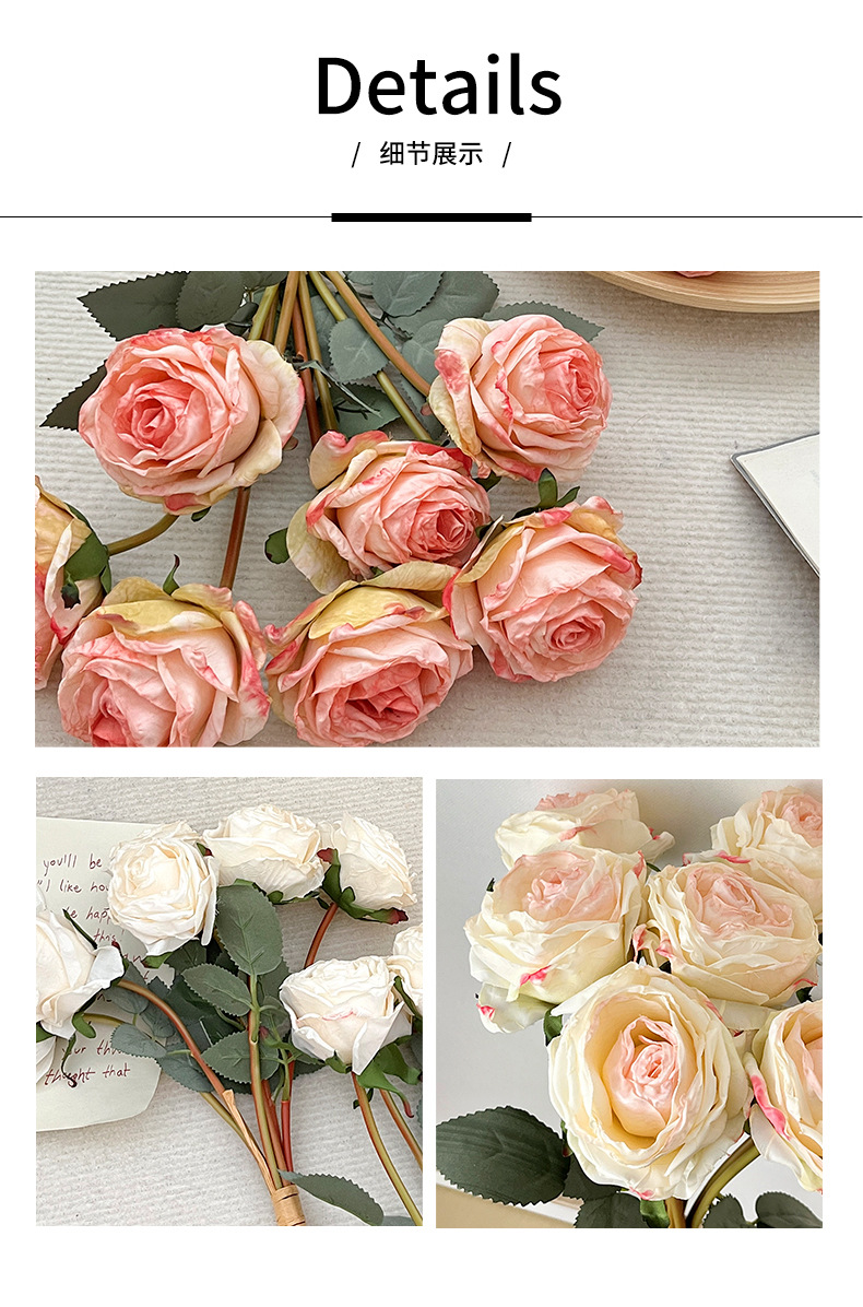烤边玫瑰仿真花绢花玫瑰手捧花束家居客厅装饰假花婚礼堂摄影道具详情5