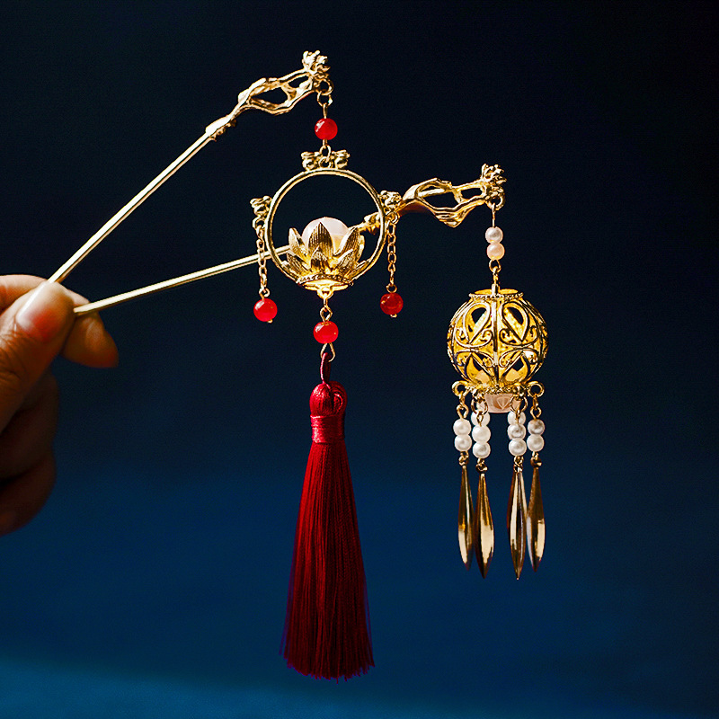 Hairpins with ancient style, new Chinese style, high-end feel, tassel step, shaking head decoration, court luminous hairpins, coiled hair, palace lanterns, hairpins and hair accessories details Picture