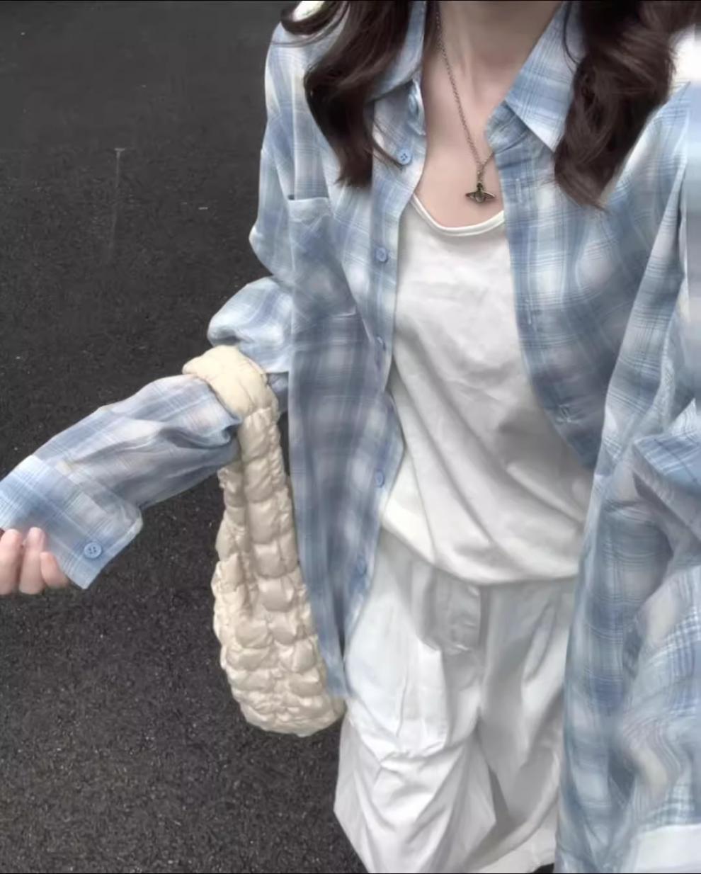 韩系格子衬衫女春夏季新款宽松慵懒风长袖衬衣外套休闲防晒衫上衣详情4