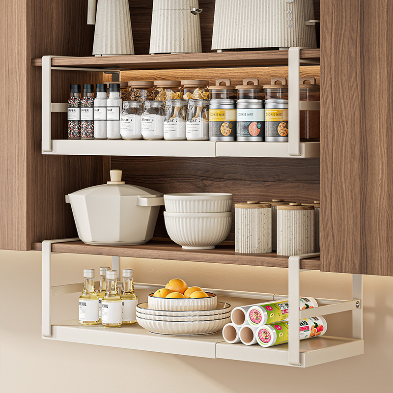 Cross-border extendable kitchen storage rack, layered seasoning hanging rack, inner wall cabinet, under-wall storage, under-wall hanging basket Application Scenario