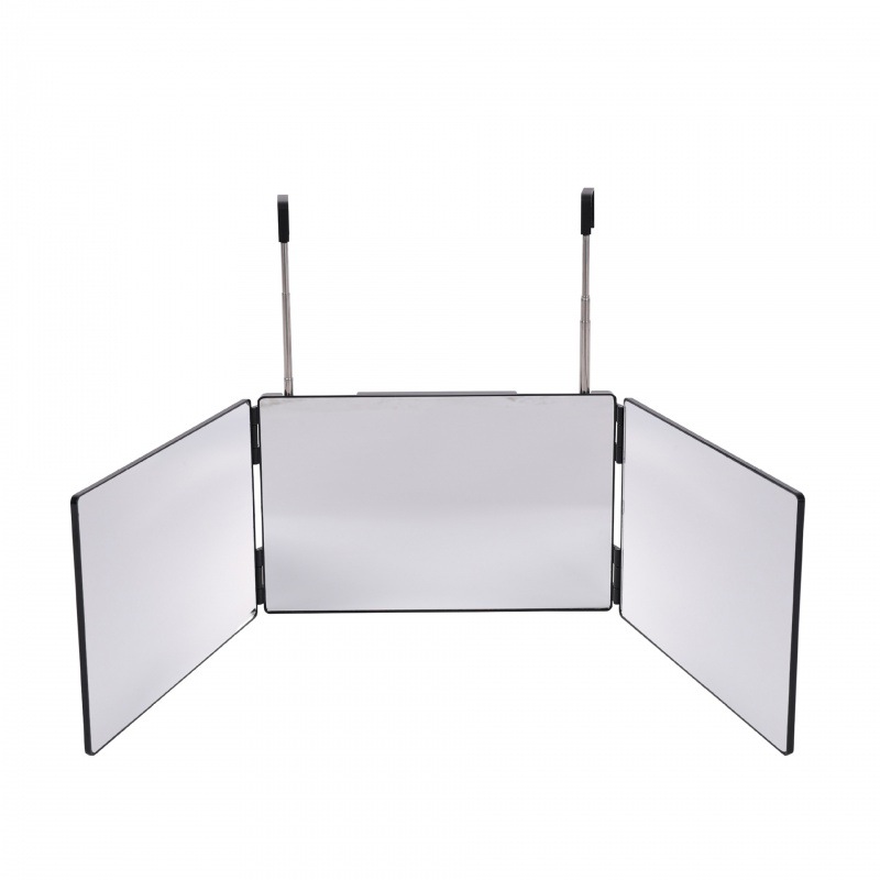 可伸缩挂钩悬挂式化妆镜带挂钩三面折叠高清镜子跨境外贸新款