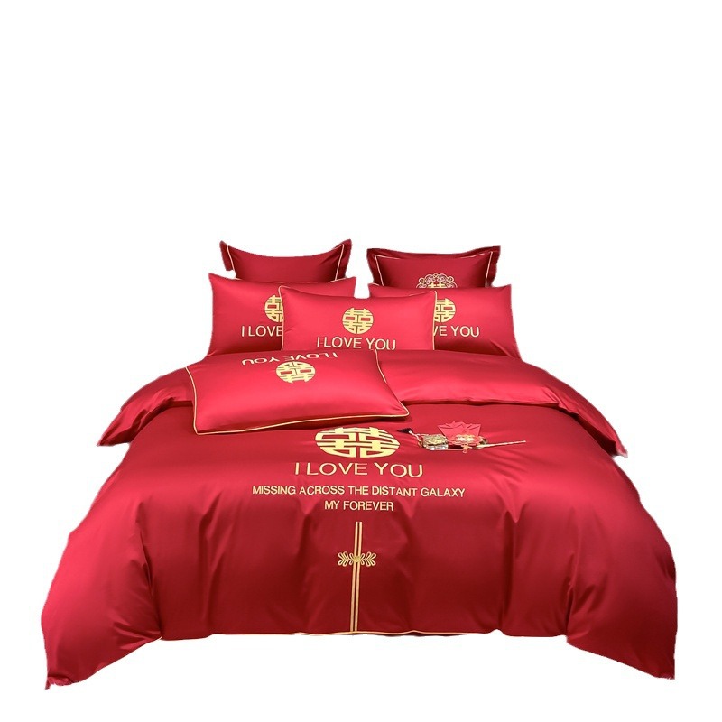 Cross-border wedding bed four-piece set, wedding red four-piece set, washed cotton frosted embroidery set, factory batch Item Picture