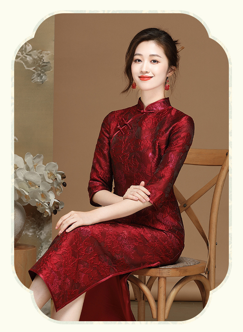 国潮中国风女装复古酒红色提花日常改良全开襟旗袍连衣裙详情12