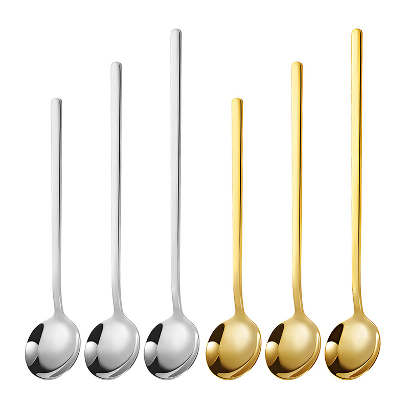 304 Stainless Steel Golden Small Round Spoon, Coffee Spoon, Long-Handled Bird's Nest Spoon, Stirring Spoon, Household Dessert Spoon, Honey Spoon Item Picture