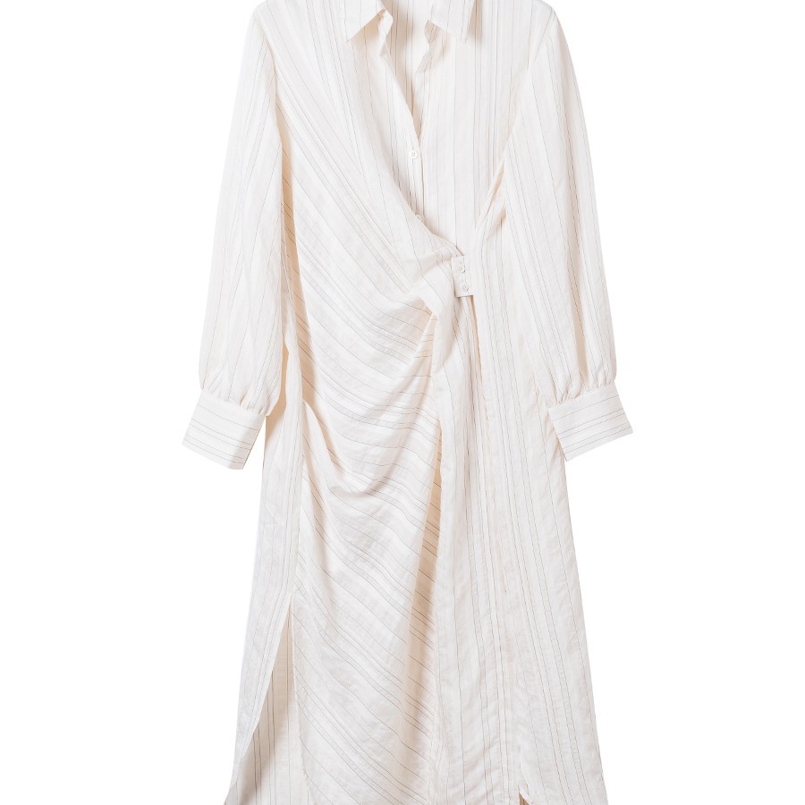 This is a French white striped shirt dress with a thin, cinched waist design and a niche long dress. It is a new style dress for Spring/Summer 2022 Specification image