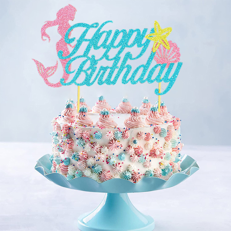 亚马逊美人鱼英文蛋糕插牌 夏日生日派对海星贝壳甜品台布置插签