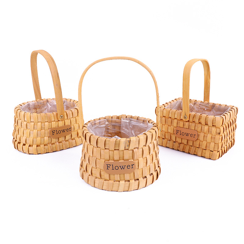 Yuanyang Korean-style wooden chip small flower baskets as souvenirs, bamboo woven hand-held flower baskets, flower art training, fresh flower baskets, picking baskets Item Picture