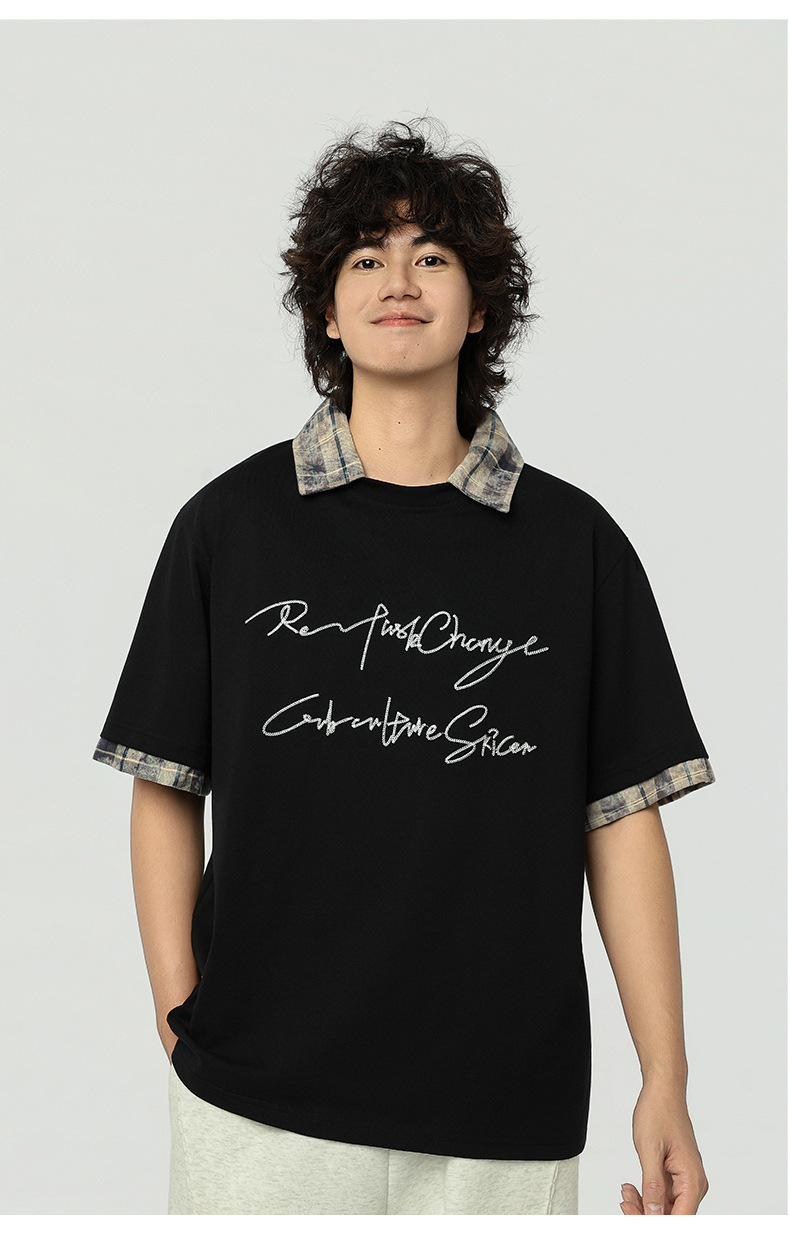 SAVAGEBASE 2026 Summer New American streetwear brand letter chain embroidery check patchwork fake two-piece lapel T-shirt for men pic 9