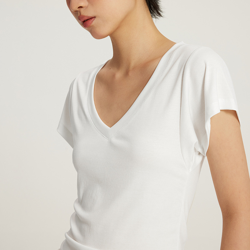 Jiezhan Women's Clothing: Lyocell Tencel™ V-neck T-shirt for Spring/Summer 25, 7A Antibacterial, slimming, Short-sleeved women Application Scenario