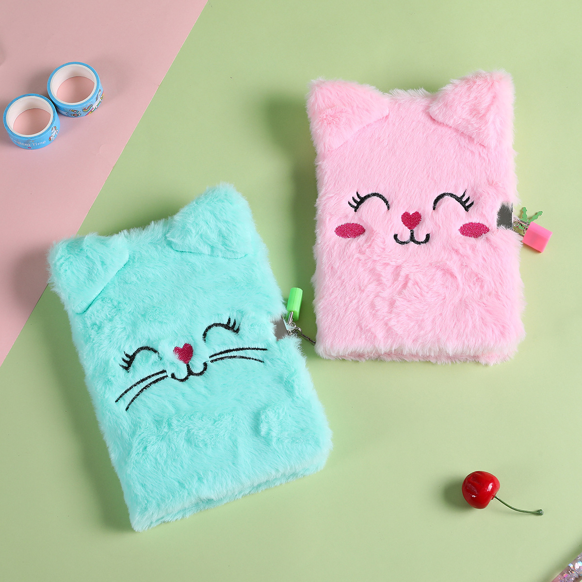 Blue Balloon Girl Creative Plush Notebook, Cartoon cat, Cute diary, Lockable password book, Student reward book, children details Picture