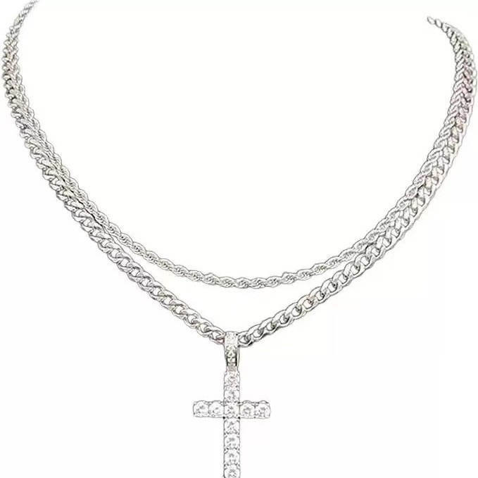 欧美新款嘻哈男女同款十字架麻花链NK链叠戴锁骨链个性潮流百搭