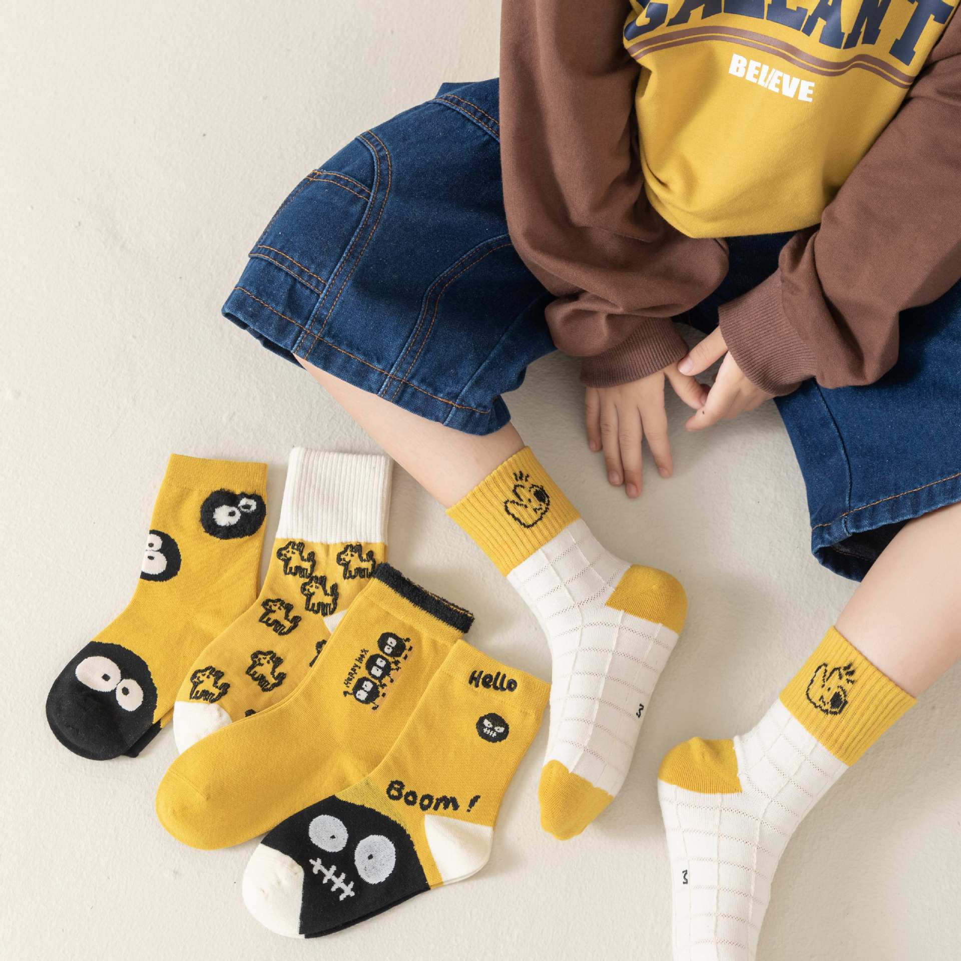 Spring and Autumn New style socks for boys cartoon cute short socks, elastic breathable skin-friendly cotton socks, ins trendy and cool children's socks