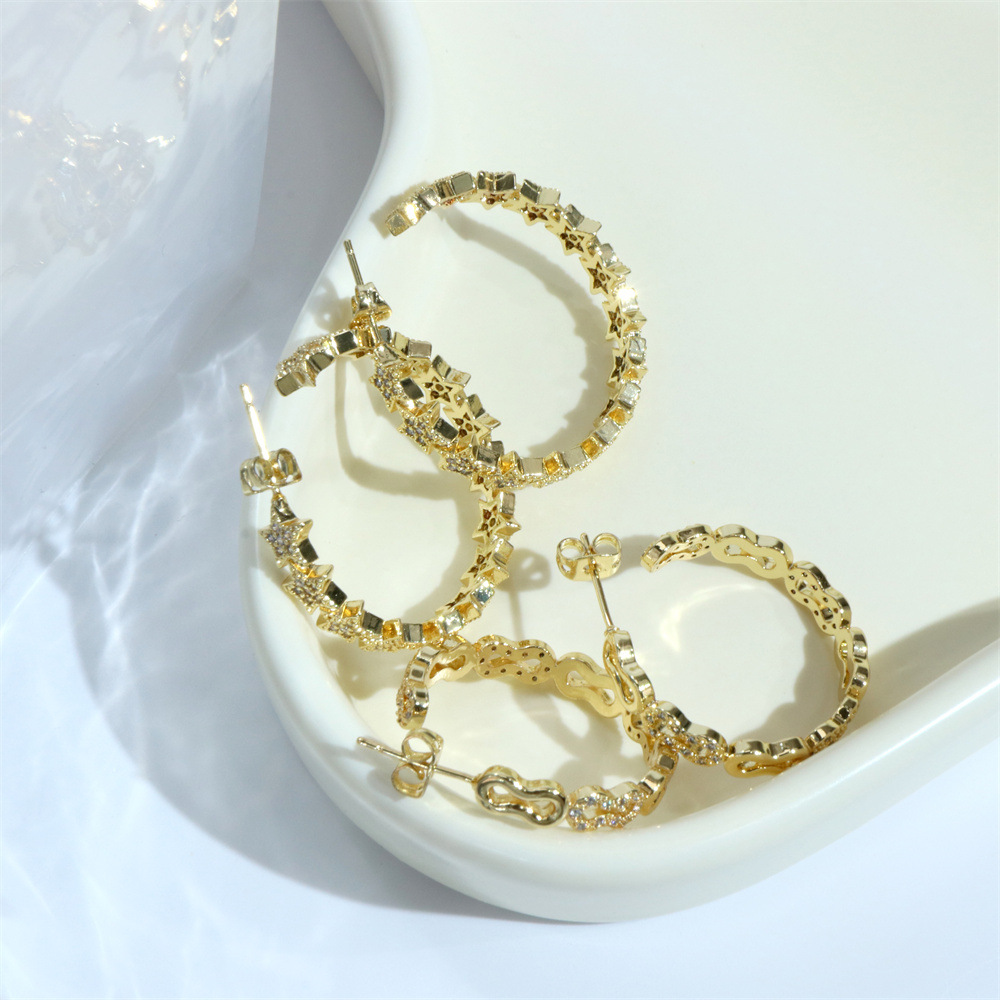 Cross-Border New Star C-Shaped Earrings Copper Micro-Inset Zircon Personality Exaggerated Big Ear Earrings Ins Ear Accessories details Picture