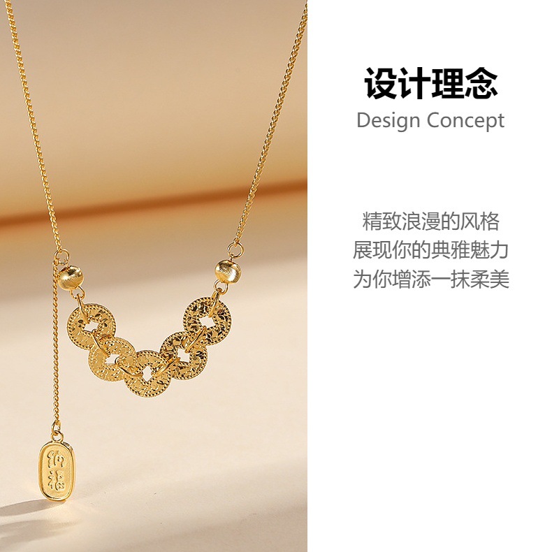 厂家批发碎冰冰五帝钱项链镀金新中式国潮风纳福锁骨链s925银项链详情2