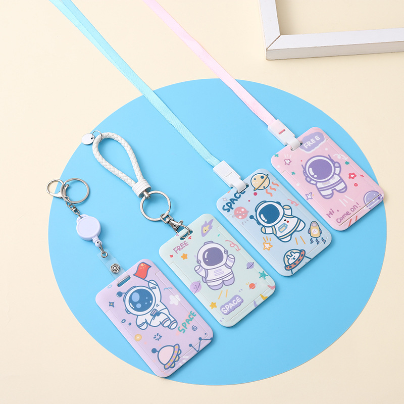 Cartoon astronaut, student sliding cover card holder, astronaut lanyard, bus card, keychain, ID card, work name tag wholesale