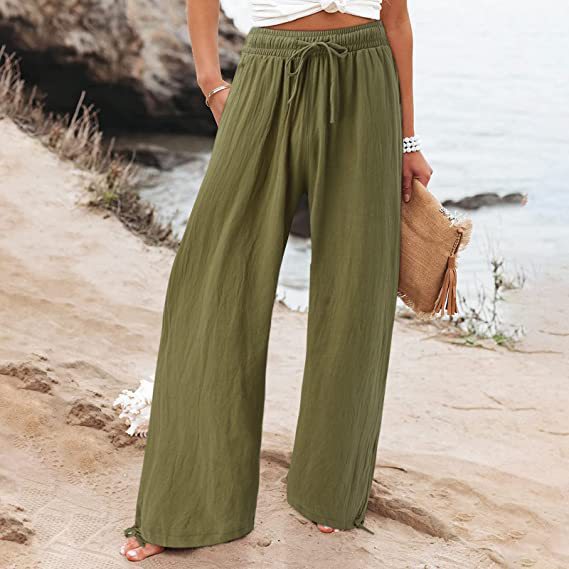 2023 Amazon TEMU European and American Cross-border Summer Loose Casual Pants Solid Color drawstring Women's wide-leg beach pants Specification image