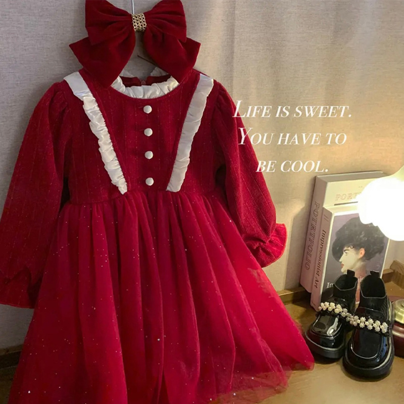柠里女童冬装加绒连衣裙子洋气女童新年装红色年服丝绒中童连衣裙