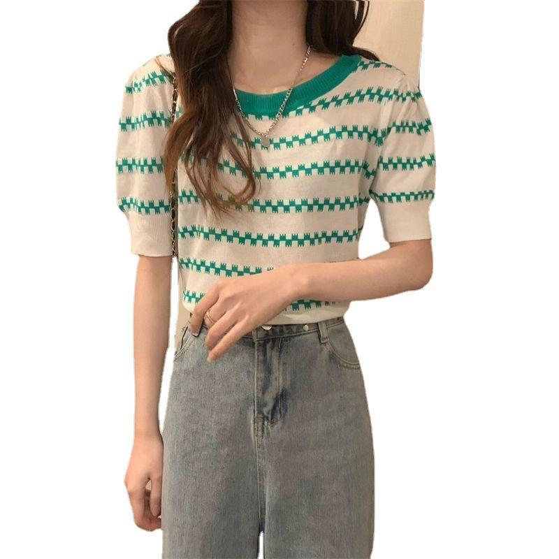 Fashion 2023 Summer Cute Style Fresh Sweet Ice Cool Silk Pullover Round Neck Slim-Fit Blouse For Women Item Picture