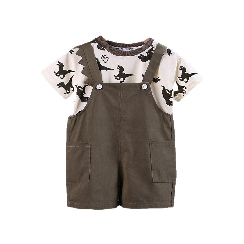 0-5 years old children's overalls set, boys' summer short-sleeved sleeve set full of dinosaur-printed round-neck T-shirt and shorts 2-piece set Item Picture