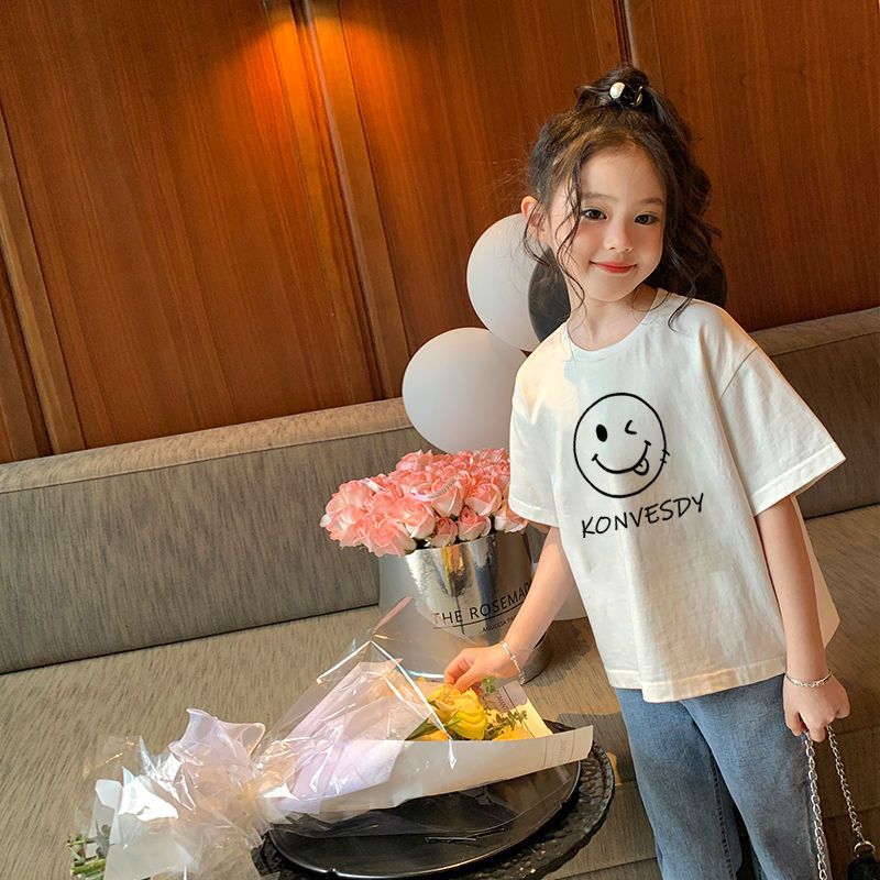 Girls' short-sleeved pure cotton T-shirt, new summer loose top, simple printed children's casual T-shirt from Zhongda Children's Clothing Application Scenario