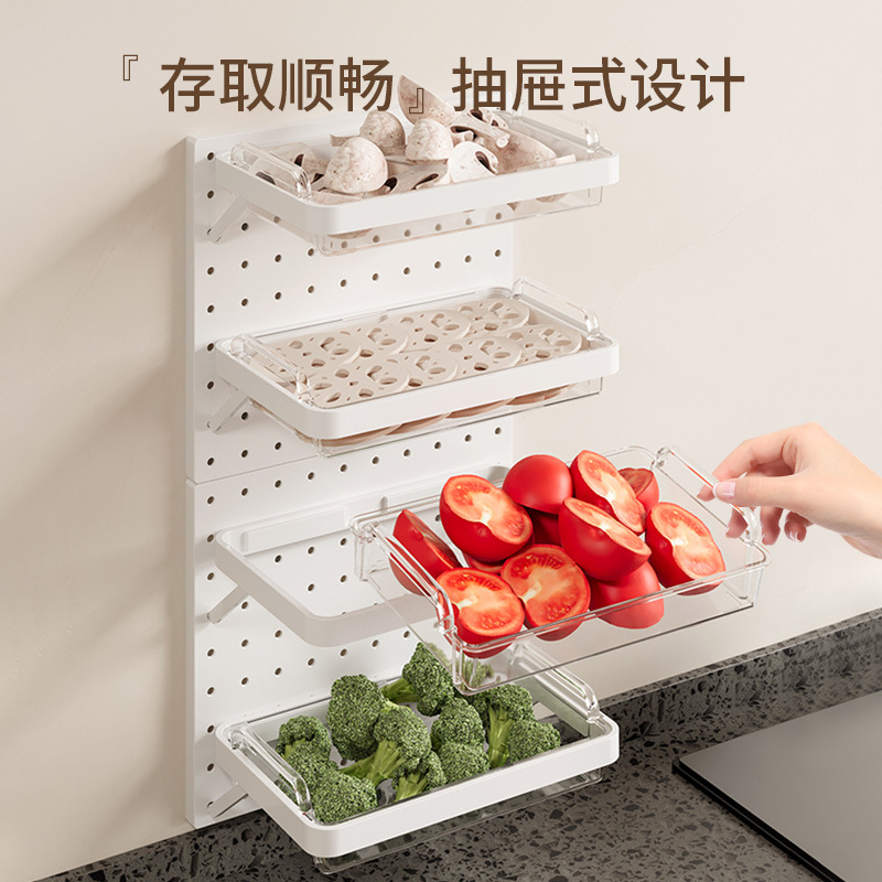 Kitchen pegboard storage basket rack, scallion, ginger, garlic, fruit and vegetable preparation plate, non-drilling and pasting type hot pot side cutting board storage rack Specification image