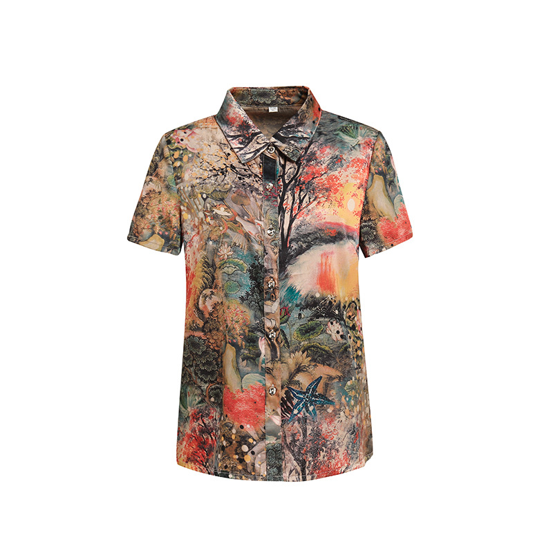 Mom's summer short-sleeved thin shirt 2022 new style for middle-aged and elderly women's wear, large-sized loose silk-like shirt Item Picture