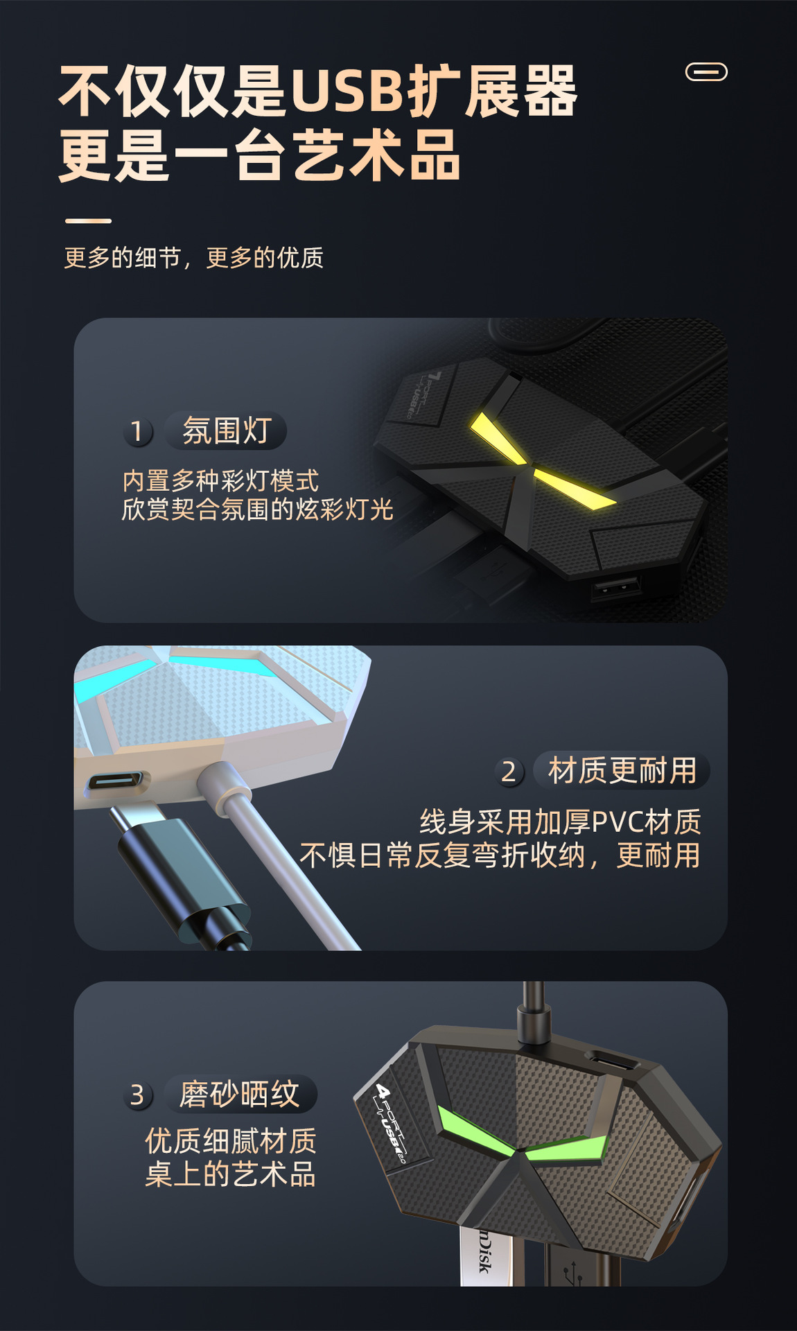 新品七彩氛围灯HUB4口7口3.02.0高速分线器扩展笔记本电脑详情15