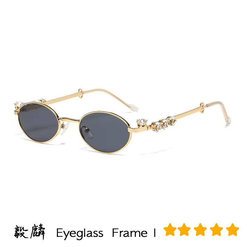 Metal diamond-encrusted oval small frame glasses, ins style cross-border resin anti-blue light glasses, water diamond plain y2k sunglasses Item Picture