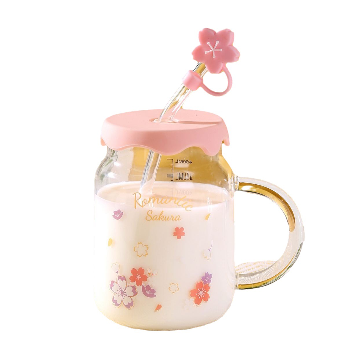 A high-quality, stylish, inS-style, fresh and delicate floral glass water cup for home use, a milk cup for girls' offices with a lid and a straw Item Picture
