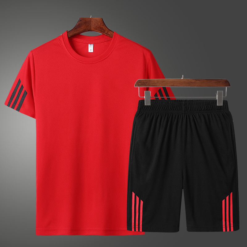 2021 New Three-Bar Sports Leisure Set Men's Summer Fitness Running Breathable Short-Sleeved T-Shirt Set details Picture
