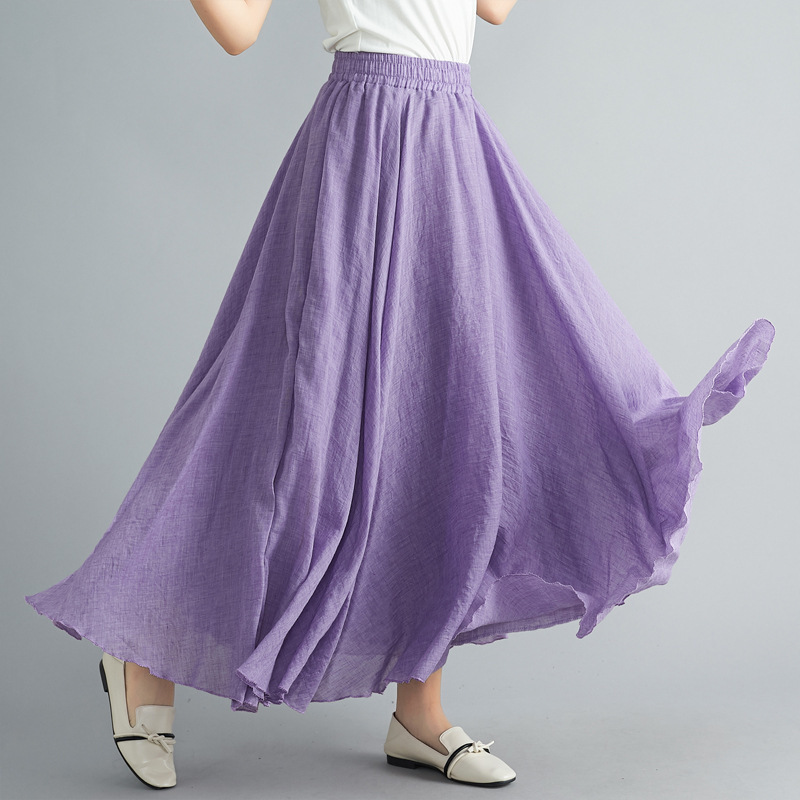 Mori Female Art Large Size Cotton Hemp Skirt Elastic Waist A Line Skirt Long Solid Color National Wind Swing Skirt 24 Colors Specification drawing