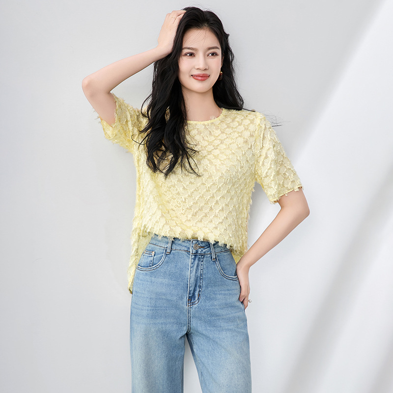 25061010- Elegant round-neck printed silk T-shirt for commuting, loose, fashionable and stylish women's summer top, new style from Nanyou Specification image