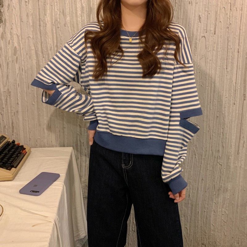 长袖T恤女秋季新款洋气减龄百搭短款设计感小众条纹内搭女女式T恤