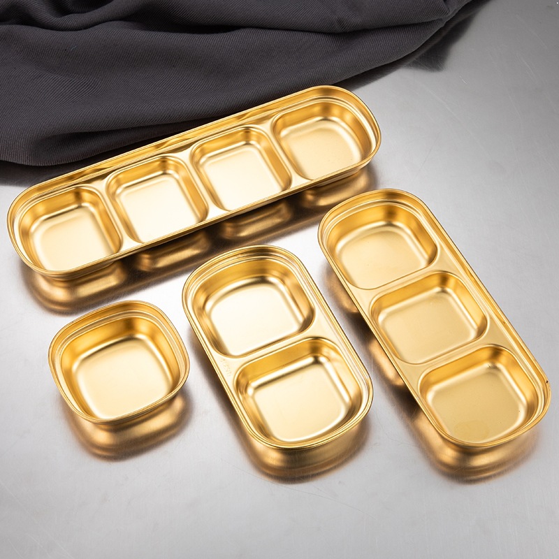304 stainless steel Korean flavor plate, hot pot seasoning plate, golden two or three compartments sauce plate, barbecue Korean tableware details Picture