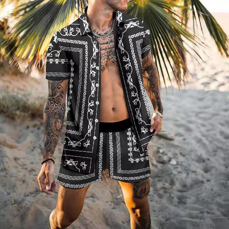 2023 Summer Foreign Trade Independent Station Amazon Cross-border Beach Loose short-sleeved shirt Casual Shorts Suit for men details Picture