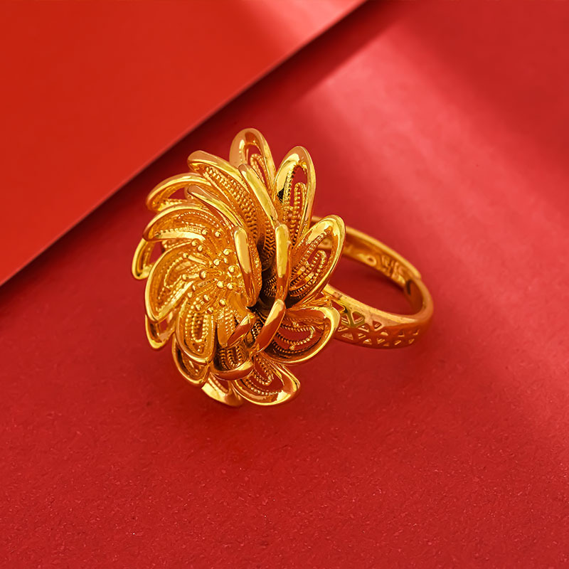 Chuangmei Jewelry's 24K gold-plated flower blooming prosperity ring is a unique and retro design for women's wedding rings Specification image