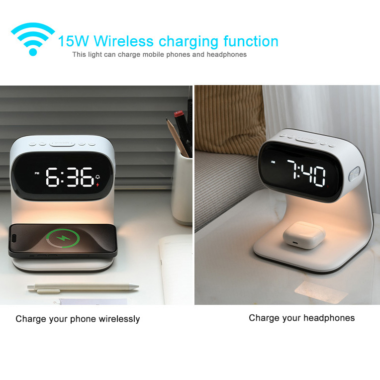 Cross-border 2024 new wireless charging bedside night lamp, 15W fast charging mobile phone earphone charging, alarm clock gift desk lamp Specification drawing