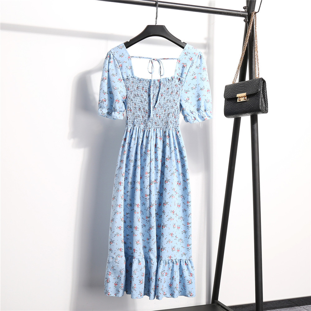 Sweet French square neck pleated waist slimming floral high-waisted dress for summer 2021 women's wear Application Scenario