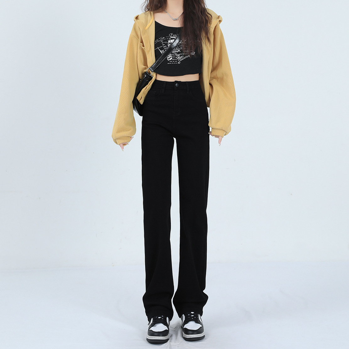 Black long pants, tall and thin flared jeans, women's floor-length spring and autumn new stretch slim pants, American style design Application Scenario