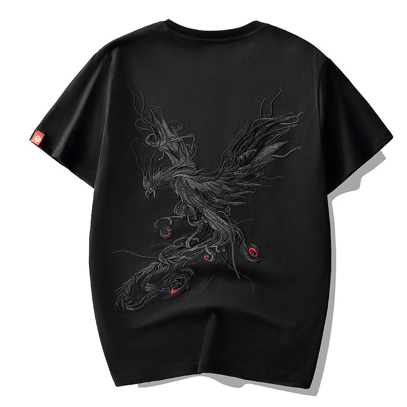 New Spring/Summer 2023 pure cotton trendy loose short-sleeved T-shirt for men, Chinese style men's fashion with phoenix embroidery half-sleeve Item Picture