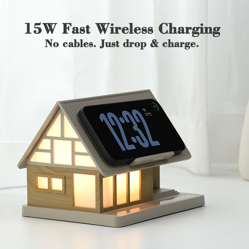 2025 Cross-border New Model House bedside Lamp, 15W wireless mobile phone charging lamp, white noise night light for houses and villas Specification drawing