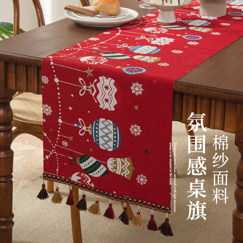 Cool Happiness's new atmosphere American retro table flag Christmas festival party snowman jacquard tablecloth decorated with tassel cover cloth table flag Specification image