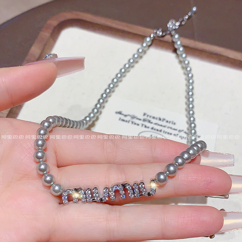 镶钻字母珍珠项链韩国时尚小众设计感简约圆珠链颈链网红气质项饰详情13