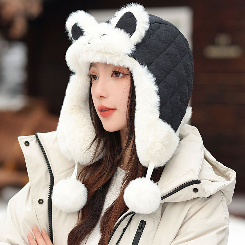 Rabbit ear warm Lei Feng hat for women, thick fleece head and ear protection cotton hat for autumn and winter, Korean version ski cycling hat