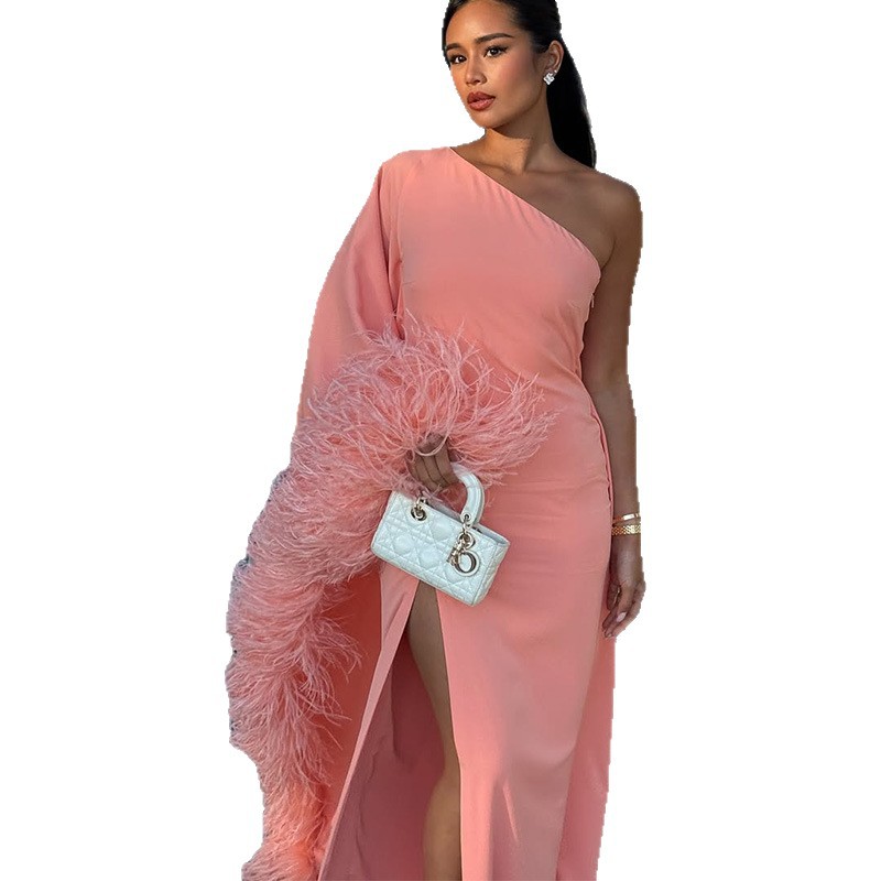 A new summer women's dress in the style of a socialite with a slanted shoulder and slit fur sleeves from Europe and America Item Picture