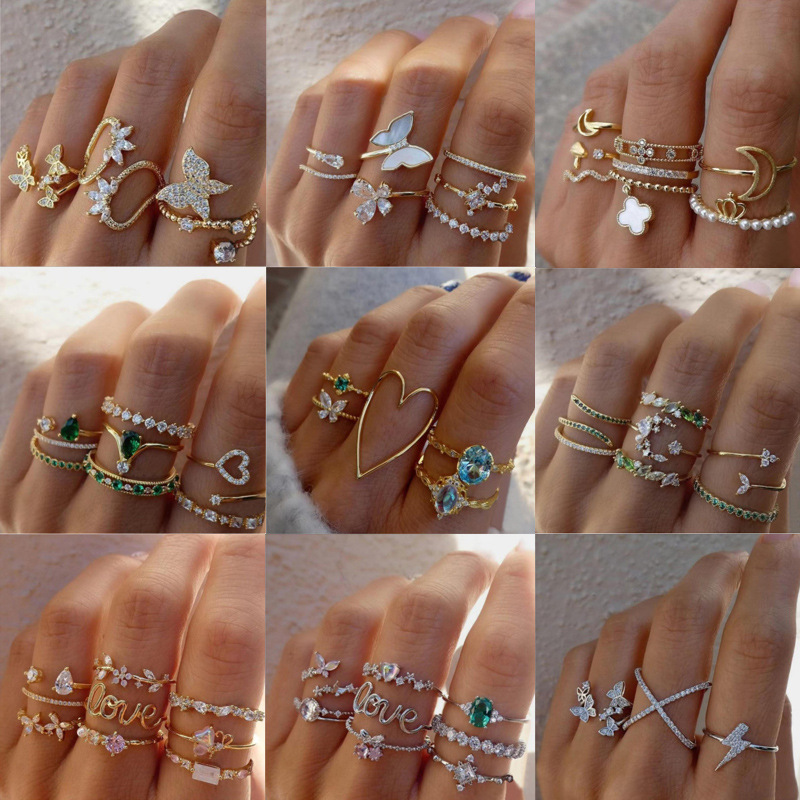 European and American cross-border jewelry, light luxury diamond-encrusted butterfly heart ring set, niche Love moon joint ring for women